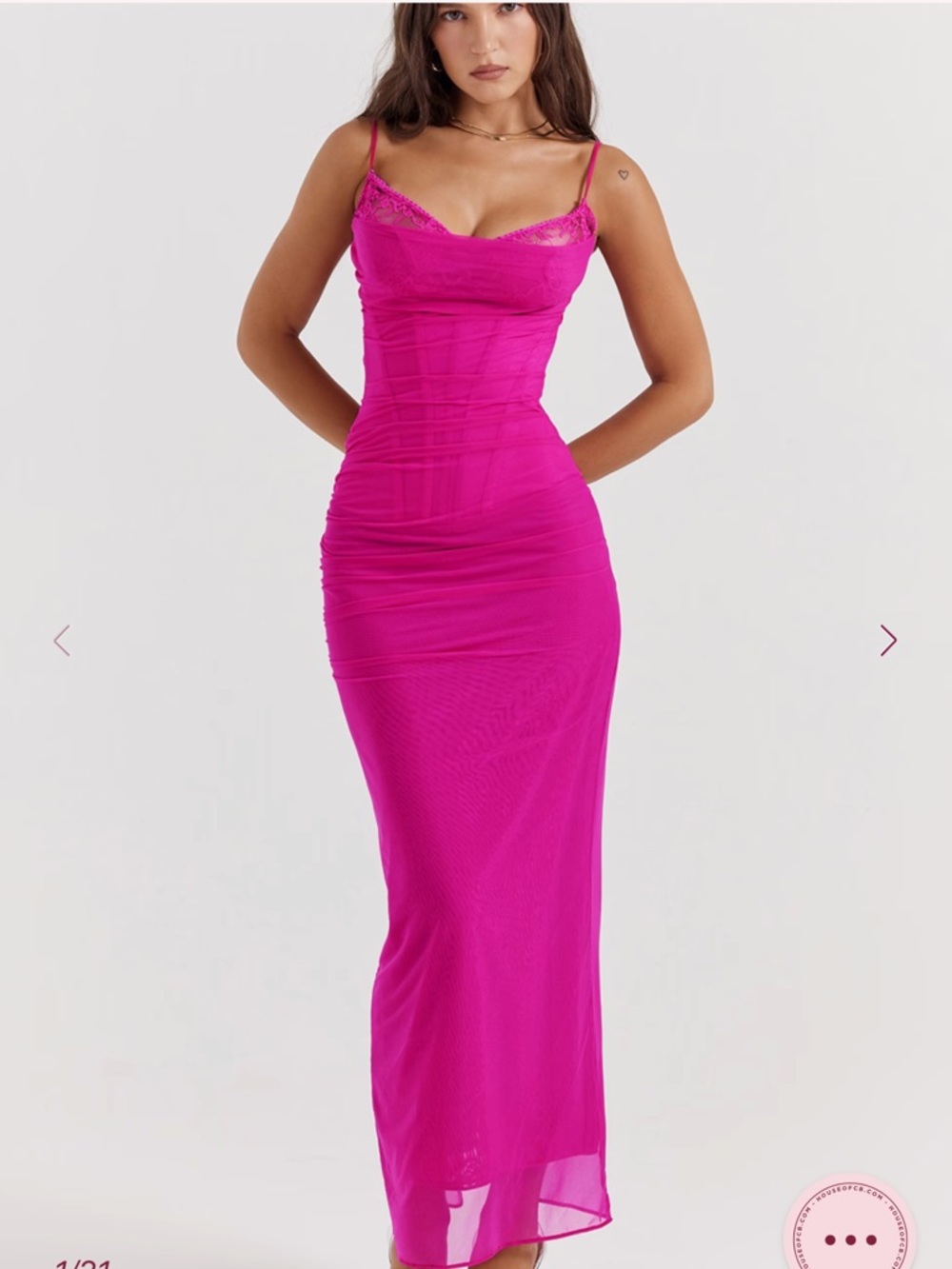 House of CB Hot Pink Slip Maxi Dress with Lace Trim